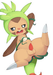 1boy 2_toes 3_fingers anal anus bodily_fluids buckteeth chespin erection feet feral fingers fur furry green_body half-closed_eyes hi_res male male_only navel nintendo penis pink_tongue pokémon_(species) pokemon pokemon_xy red_penis rodent saliva simple_background solo spread_anus spread_legs spreading sweat tail tentacle testicles tongue video_games vines white_background yupa