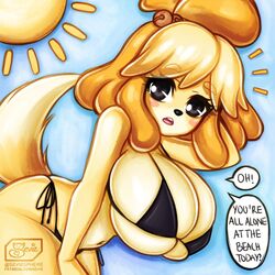 1girls 2020 alternate_breast_size animal_crossing anthro bikini breasts cleavage female female_only isabelle_(animal_crossing) nintendo sevie solo solo_female wide_hips word_balloon