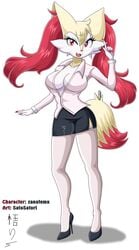 1girls anthro anthrofied big_breasts blackjoe01 braixen breasts canine cleavage clothed fox fur furry miniskirt office_lady original_character pokémon_(species) pokemon pokemon_(species) pokemon_xy satosatori secretary text watermark