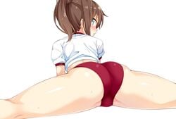 ass blue_eyes blush brown_hair crop_top female gym_uniform hot_pants ichi_makoto kazuma_(kazumav) legs looking_at_viewer looking_back oc original original_character splits spread_legs tagme thighs