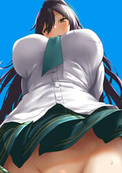 1girls :o absurdres arms_behind_back bangs bare_arms bare_shoulders bikini black_hair blue_background blue_sky blush bottomless breasts breasts_apart brown_eyes close-up cowboy_shot day eyebrows_visible_through_hair fanbox_reward female female_only female_solo foreshortening from_below green_neckwear green_skirt groin hair_between_eyes hair_over_one_eye half-closed_eyes high_ponytail high_resolution highres hip_focus hips idolmaster idolmaster_shiny_colors impossible_clothes impossible_shirt large_breasts lips long_hair looking_at_viewer looking_down miniskirt necktie nopan open_mouth paid_reward pija_(pianiishimo) plaid plaid_skirt ponytail pov puckered_lips purple_hair school_uniform shirase_sakuya shirt skirt sky solo solo_female stomach strap_gap sweat swimsuit tied_hair underboob uniform very_long_hair viewed_from_below waist white_shirt yellow_eyes