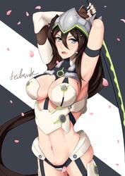 armpits big_breasts black_hair blue_eyes cyborg fedsnk genji licking_lips long_hair overwatch rule_63 sword thick_thighs thighs tight_clothing