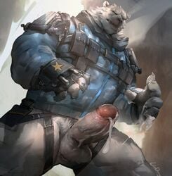 2020 anthro balls bara barazoku bodily_fluids clothing cum erection fur genital_fluids genitals hi_res humanoid_genitalia humanoid_penis league_of_legends lindong male male_only mammal penis polar_bear riot_games shirt solo topwear ursid ursine video_games volibear white_body white_fur