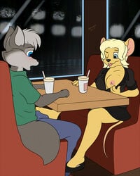 artist_request bulge drinks flashing footjob footjob_under_table furry one_breast_out table under_the_table