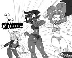 3girls aeolus06 alternate_version_available assisted_exposure blush bra clothes_removed dark-skinned_female dark_skin dc dc_comics dc_super_hero_girls doris_zeul doris_zeul_(shg) embarrassed embarrassed_underwear_female embarrassed_undressed_female euf exposed_ass exposed_panties female female_only kara_danvers kara_danvers_(shg) kara_zor-el monochrome pale-skinned_female pale_skin panties sci-fi science_fiction scifi selina_kyle selina_kyle_(shg) underwear wide_hips