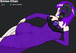 ass bare_legs bare_shoulders black_magic clothed_female earrings enma-chan_(gijinka) female full_body hips horns looking_at_viewer purple_eyes purple_hair