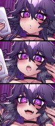 blush choker crawling_dreams cum_on_face dark_hair fangs heart-shaped_pupils looking_at_viewer nyarla_(crawling_dreams) nyarla_(osiimi) open_mouth osiimi purple_eyes teeth