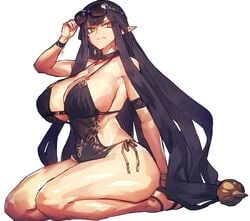 alternate_costume bikini black_hair choker dark_hair fate/apocrypha fate/grand_order fate_(series) hair huge_breasts melon22 one-piece_swimsuit pointy_ears semiramis_(fate) side-tie_bikini sunglasses sunglasses_on_head thick_thighs yellow_eyes