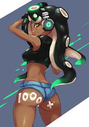 1girls 2020 ass body_writing bodypaint booty_shorts breasts cephalopod cephalopod_humanoid dark-skinned_female denim_shorts female green_eyes hair humanoid long_hair marina_(splatoon) marine marine_humanoid nintendo octoling octoling_girl octopus octopus_girl octopus_humanoid shorts sleeveless solo solo_female splatoon splatoon_2 tentacle_hair tentacles video_games yuta_agc