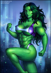 1girls abs big_breasts black_hair bra candra female female_only green_eyes green_hair green_skin hulk_(series) legs long_hair marvel marvel_comics muscles muscular muscular_female nipple_bulge nipples nipples_visible_through_clothing panties pinup pokies she-hulk solo solo_female sports_bra sports_panties thick_thighs thighs veins veiny_muscles