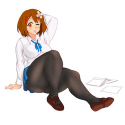 alternate_ass_size alternate_breast_size big_ass big_butt blush book brown_hair fell_down hairclip hand_behind_head huge_ass huge_butt human human_only k-on! keigi_(artist) miniskirt one_eye_closed pantyhose ribbon school_uniform schoolgirl shoes short_hair thick_calves thick_legs thick_thighs yui_hirasawa_(k-on!)