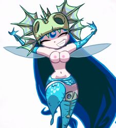 animated annetta_fish_(rayman) blue_hair breasts closed_eyes cute fairy fish long_hair navel nipples no_bra nymph_(rayman) pink_nipples rayman_(series) rayman_origins small_breasts smile thick_thighs ubisoft underboob undressing white_skin