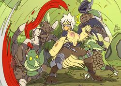 anthro avian avian_humanoid battle breasts chocobo female fight final_fantasy goblin goblin_male humanoid jet_(ucrodevil) meatboom square_enix torn_clothes