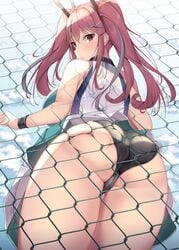 1girls against_fence ass azur_lane big_ass black_panties bremerton_(azur_lane) bremerton_(scorching-hot_training)_(azur_lane) chainlink_fence dat_ass female fringe fukuda_shuushi looking_back petite pink_eyes pink_hair sideboob skindentation solo solo_focus twintails viewed_from_below