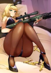 agetama big_breasts blonde_hair bunny_ears bunny_girl bunnysuit female female_only green_eyes pantyhose ribbon saionji_usagi sniper_rifle solo solo_female solo_focus taimadou_gakuen_35_shiken_shoutai weapon