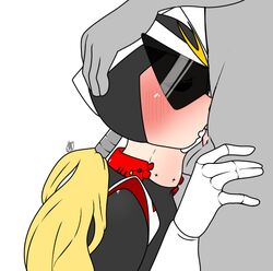 black_clothing blonde_hair blowjob blush cum cum_in_mouth deepthroat falcon_(spikkedia) fellatio hand_on_leg male original_character robot spikkedia throat_bulge tongue_out white_background