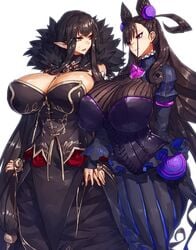 2girls cleavage dark_hair dress fate/apocrypha fate/grand_order fate_(series) hair_ornament holding_hands huge_breasts long_hair looking_at_each_other mature_female melon22 multiple_girls murasaki_shikibu_(fate) open_mouth purple_eyes semiramis_(fate) sweatdrop yellow_eyes