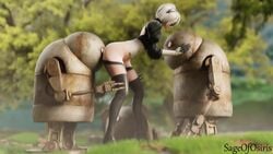 1girls 2boys 3d animated ass blender bob_cut female nier nier:_automata no_sound sageofosiris short_hair thighhighs video watermark white_hair yorha_2b