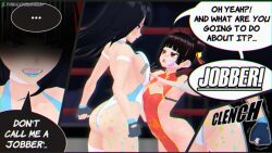 2girls 3d 3d_(artwork) angry ass big_ass big_breasts big_butt black_hair breasts chinese_clothes clenched_fist english english_text female female_focus female_only going_commando hair_bun hair_buns height_difference imminent_catfight imminent_fight insult jobber kimiko_nagasawa large_ass large_breasts leotard long_hair mei_li_fang no_panties original poking_breasts purple_eyes size_difference speech_bubble text triggerbunbun wrestling wrestling_outfit wrestling_ring