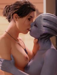 2girls 3d 3d_(artwork) alien alien_girl asari ashley_williams bioware blender blender_(software) blue_skin breasts brown_hair erect_nipple erect_nipples female female/female female_focus female_only fit fit_female french_kiss french_kissing hair_bun hand_on_arm hand_on_neck human humanoid interspecies itwasmedio kissing lesbian lesbian_kiss liara_t'soni mass_effect mass_effect_2 mass_effect_3 naked nipples nude nude_female nudity passionate sci-fi science_fiction tongue tongue_kiss tongue_out yuri