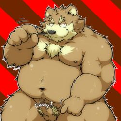 1:1 2014 anthro balls belly brown_body brown_fur eating erection food fur genitals humanoid_genitalia humanoid_hands humanoid_penis kemono male male_only mammal moobs navel nipples overweight overweight_male penis pocky pubes solo suishou0602 ursid