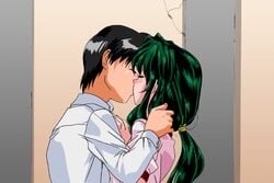 1boy 1girls 90s arisa_(vision) black_hair blush closed_eyes clothed clothing couple female french_kiss fully_clothed game_cg green_hair gym_uniform hand_in_hair hand_on_chest kissing long_hair low_ponytail lowres male outdoors romantic shirt short_hair sogna standing tied_hair viper_(series) viper_island vision_(series) vision_2_(game)