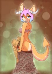 2018 absurd_res anthro bare_shoulders bedroom_eyes blue_eyes blue_hair bone bones bottomless bra breasts canine canisfidelis clothing demon domestic_cat eyelashes fangs felid feline felis female fennec fishnet_stockings fox fur hair hi_res horn hybrid lace legwear lingerie looking_at_viewer looking_back mammal medium_breasts mostly_nude multicolored_hair narrowed_eyes orange_body orange_fur panties pink_hair pinup pose rear_view seductive sitting skulls smile solo spade_tail stockings underwear