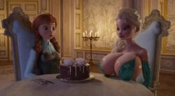 2girls ai_assisted ai_generated alternate_breast_size animated anna_(frozen) breasts cake candle chocolate_on_breasts clothing cream_on_breasts disney disney_princess dress elbow_gloves elsa_(frozen) female female_only frozen_(film) gloves incest large_breasts opera_gloves rubbing_breasts serge3dx siblings sisters small_breasts sound table tagme video yuri