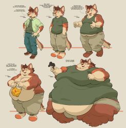 anthro belly_overhang bottomwear brown_body brown_fur canid canine chips_(food) clothed clothing food fur growth hair hair_growth hi_res male mammal morbidly_obese morbidly_obese_male natural_colors neet obese obese_male overweight overweight_male pants partially_clothed raymodule sequence shirt solo standing sweatpants t-shirt tank_top topless topless_male topwear weight_gain