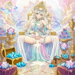 ai_generated blonde_hair blue_eyes cookie_run cookie_run_kingdom crown crystals cum_drip cum_on_body cum_pool explicit fantasy_setting female gems goddess jewelry large_breasts long_hair masturbation mystic_flour_cookie pussy queen smile smug solo suggestive_fluid the_leavened_one throne throne_room treasure v_sign victory_sign