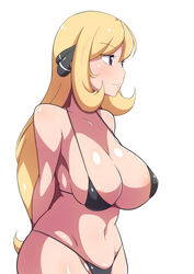 1girls alternate_breast_size alternate_eye_color alternate_outfit belly black_bikini blonde_hair breasts cleavage cynthia_(pokemon) dd_(artist) female female_only huge_breasts human large_breasts long_hair looking_away mature_female midriff navel nintendo nipples nipples_visible_through_clothing pokemon pokemon_dppt purple_eyes solo source_request standing thick_thighs