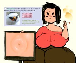 4chan 4chan_anon anus asshole asshole_focus blush blush_lines blushing brown_pants busty busty_female butthole_focus computer_monitor computer_screen curvy curvy_female curvy_figure female hedda holding_cigarette huge_ass polocom red_shirt smoking smoking_cigarette