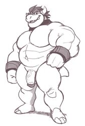 analon_(artist) anthro bara bowser claws eyebrows genitals horn humanoid_genitalia humanoid_penis koopa male male_only mario_(series) monochrome mostly_nude musclegut nintendo open_mouth open_smile pecs penis scalie simple_background smile solo standing teeth toe_claws toomanyboners vein video_games white_background wristband