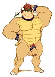 accessory analon_(artist) anthro bara bowser claws cock_ring eyebrows genitals hair hand_behind_head horn humanoid_genitalia humanoid_penis jewelry koopa male male_only mario_(series) mostly_nude muscular muscular_male nintendo pecs penis penis_accessory penis_jewelry pubes red_hair scalie shell simple_background solo spiked_shell spikes standing toe_claws toomanyboners uncut video_games white_background wristband