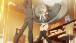 blue_hair controlled controlling date_a_live english_audio english_dialogue english_language female female_pervert honjou_nia itsuka_shido leggings lifting_dress nun nun_costume nun_hat nun_outfit panties pervert pervert_female silver_hair string_panties tagme video white_hair