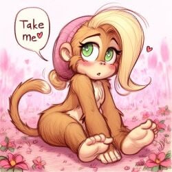 1girls ai_generated anthro ape asking_for_it blonde_hair dixie_kong donkey_kong_(series) female furry green_eyes heart-shaped_pupils horny monkey_girl nintendo primate solo submissive symbol-shaped_pupils tagme