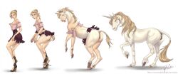 animal_genitalia animal_pussy animal_vulva anus blonde_hair blonde_mane clothed clothing ear_piercing ear_ring equid equine equine_anus equine_genitalia equine_pussy equine_vulva female female_feral female_human feral footwear fur genitals hair hi_res high_heels horn human human_to_feral looking_at_viewer mammal mane mouth_closed mythological_creature mythological_equine mythology open_mouth piercing pussy ring_piercing rufciu sequence shoes side_view signature simple_background solo species_transformation standing tail tail_tuft tan_body tan_skin torn_clothing transformation tuft unicorn white_background white_body white_fur white_tail yellow_eyes