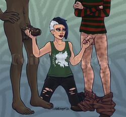 1girls 2boys a_nightmare_on_elm_street blue_eyes blue_hair coiled_dragon dark-skinned_male dbd dead_by_daylight eyeliner freddy_krueger interracial lip_piercing nea_karlsson on_knees penis_size_comparison piercing red_lipstick small_penis_humiliation smirk streaked_hair the_wraith white_hair