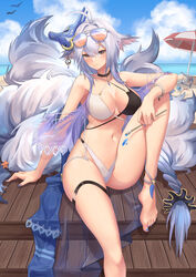 1girls alternate_costume animal_ears aviator_sunglasses azur_lane barefoot beach beach_umbrella bikini black_choker blue_nail_polish blue_nails blue_sky blush breasts brush choker cleavage cloud criss-cross_halter day eyewear_on_head female female_only foot fox_ears fox_girl fox_mask fox_tail halterneck highleg highleg_bikini large_breasts light-skinned_female light_skin long_hair looking_at_viewer mask mask_on_head miso_(b7669726) multiple_tails nail_polish navel ocean official_alternate_costume outdoors paintbrush painted_toenails sakura_empire_(azur_lane) sky smile solo sunglasses sunglasses_on_head swimsuit tail toes tosa_(azur_lane) tosa_(hometown_zest)_(azur_lane) two-tone_bikini umbrella water