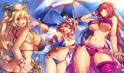 anne_bonny_(fate) anne_bonny_(swimsuit_archer) armpits back bikini blonde_hair blue_sky curvy fate/grand_order fate_(series) fox_ears fox_girl hair_ornament hat huge_breasts large_breasts looking_at_viewer looking_back melon22 midriff muscular_female muscular_thighs open_mouth parasol pink_hair purple_hair red_eyes scathach_(fate) scathach_(swimsuit_assassin) sideboob swimsuit tamamo_no_mae_(fate) tamamo_no_mae_(swimsuit_lancer) thighs twintails wide_hips yellow_eyes