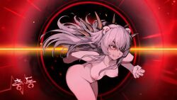 ai_edit ai_generated ai_mistake bear_ears breasts chaos_zero_nightmare eyepatch female grey_hair khalipe_(chaos_zero_nightmare) korean_text long_hair mad missing_arm naked tagme teeth_showing