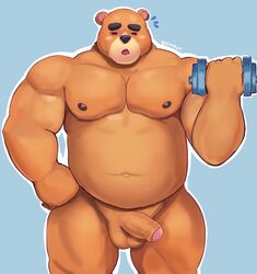 1boy 2020 animal_crossing anthro balls barmaku belly blue_background blush brown_body brown_fur closed_eyes exercise fur genitals hi_res humanoid_genitalia humanoid_hands humanoid_penis male male_only mammal moobs navel nintendo nipples overweight overweight_male penis simple_background solo solo_male teddy_(animal_crossing) ursid video_games workout