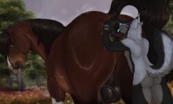 anal anthro anthro_on_feral anus balls big_anus big_balls black_hair black_tail bodily_fluids brown_body brown_fur canid canine dock_(anatomy) duo equid equine fenn.perrox feral fox fur genitals grey_body grey_fur hair hi_res horse interspecies larger_feral larger_male male male/male mammal mane nature oral outside puffy_anus rimming sex size_difference smaller_anthro sweat tail tongue tongue_out zoophilia