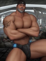 arms_crossed arms_crossed_under_pecs drawnpr0n gears_of_war looking_at_viewer male male_only marcus_fenix muscles muscular muscular_male spread_legs tattoos