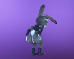 3d 5:4 anthro anus armwear bent_over bottomless clothed clothing disney female fur genitals hand_on_butt judy_hopps lagomorph leporid looking_back mammal multicolored_body multicolored_fur open_mouth open_smile pussy rabbit rear_view scut_tail simple_background smile solo storyborn toeless_footwear two_tone_body two_tone_fur zootopia