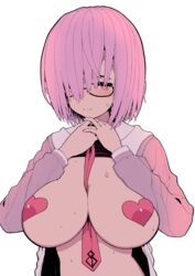 big_breasts fate/grand_order fate_(series) female female_only glasses heart_pasties lavender_hair mash_kyrielight nipples nipples_visible_through_clothing pasties pink_heart_pasties pink_pasties purple_eyes short_hair solo solo_female solo_focus toranki_mj