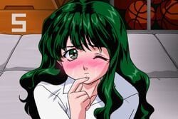 1girls 90s arisa_(vision) blush clothed clothing cum cum_in_mouth cum_inside cum_on_face facial female female_only full-face_blush game_cg green_eyes green_hair gym_storeroom gym_uniform indoors long_hair looking_at_viewer lowres male_pov matching_hair/eyes one_eye_closed pov sogna solo viper_(series) viper_island vision_(series) vision_2_(game) wiping_mouth