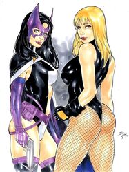 2girls ass birds_of_prey black_canary black_eyebrows black_hair blonde_eyebrows blonde_female blonde_hair blue_eyes breasts dc dc_comics dinah_lance ed_benes_studio female_ass fishnets green_arrow_(series) helena_bertinelli huntress_(dc) iago_maia latex_leotard leotard metahuman tagme thong_leotard zipper_pull_tab