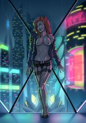 1girls against_glass athletic_female bedroom_eyes facing_viewer fishnet_stockings futuristic garter_belt hiniha jacket_on_shoulders legion_of_superheroes medium_breasts nail_polish partially_clothed red_hair ring scars shvaughn_erin topless