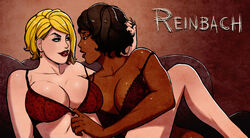 2girls big_breasts black_hair blonde_hair couch dark-skinned_female dark_skin female/female female_only grabbing_hair interracial lesbian_sex looking_at_another multiple_girls original original_characters pale-skinned_female pale_skin red_bra red_lips reinbach short_hair tambria_martin text yuri